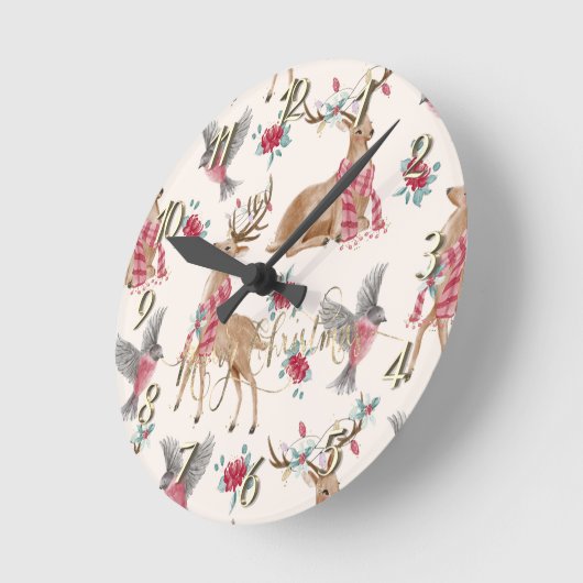 Schattige rendieren, vogels, bloemen   ronde klok (Hoek)