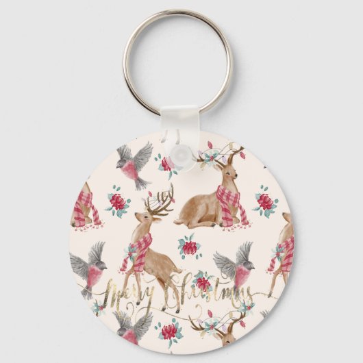 Schattige rendieren, vogels, bloemen sleutelhanger (Voorkant)