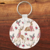 Schattige rendieren, vogels, bloemen sleutelhanger (Voorkant)