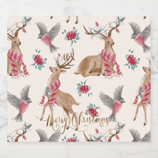 Schattige rendieren, vogels, bloemen sparkling wijnetiket (Enkel label)