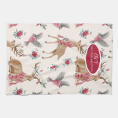 Schattige rendieren, vogels, bloemen theedoek (Horizontaal)