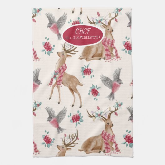 Schattige rendieren, vogels, bloemen theedoek (Verticaal)