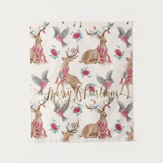 Schattige rendieren, vogels, bloemen wandkleed (Voorkant)