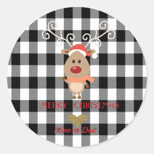 Schattige rendieren zwarte buffelplaid ronde sticker
