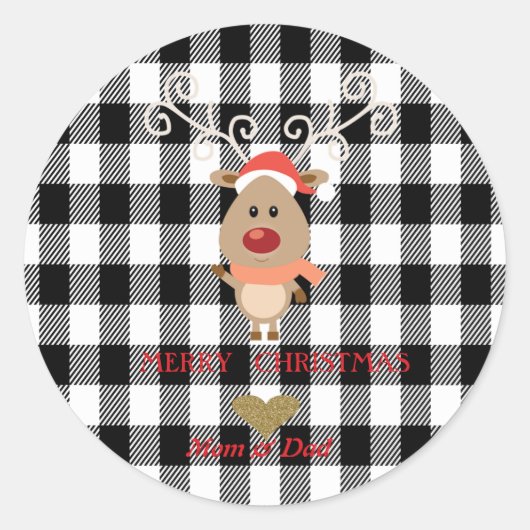 Schattige rendieren zwarte buffelplaid ronde sticker (Voorkant)