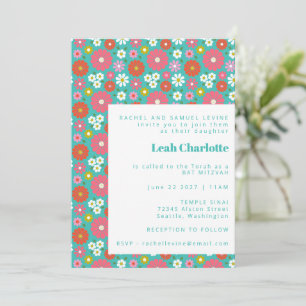 Schattige Retro 60s Bloemen Turquoise Bat Mitzvah Kaart