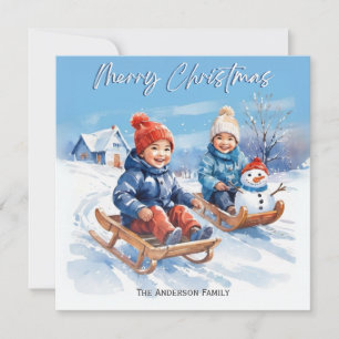 Schattige Retro Aquarel Kinderen Sleden Sneeuw Scè Feestdagenkaart