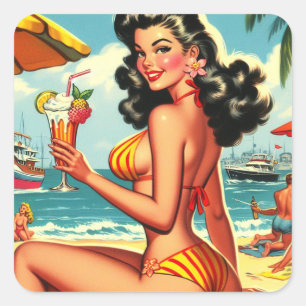 Schattige Retro Bikini Meisje Vierkante Sticker