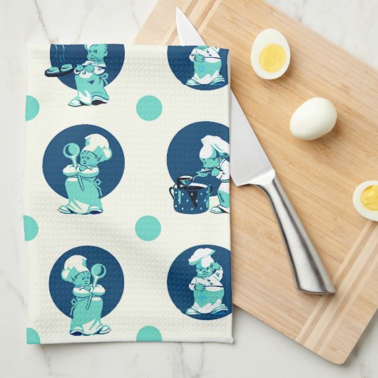 Schattige Retro  Blauw Jongen Chef Cook Theedoek (Quarter Fold)