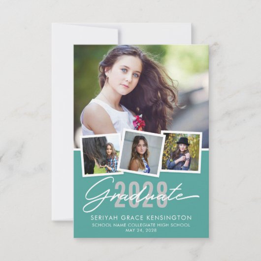 Schattige Retro Blauwgroen Bloemen Afstuderen Foto Aankondiging (Voorkant)