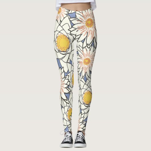 Schattige retro bloemen l Blauw en wit Leggings (Voorkant)