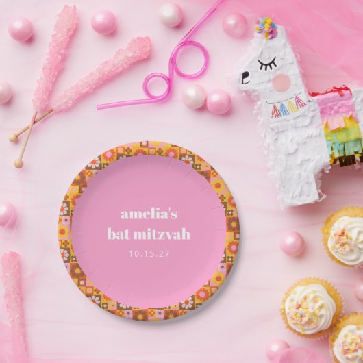 Schattige Retro Bloemen Roze Sinaasappel Vleermuis Papieren Bordje (Feest)