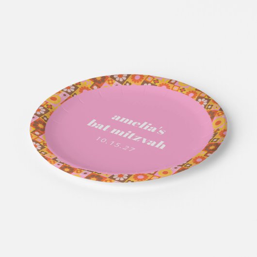 Schattige Retro Bloemen Roze Sinaasappel Vleermuis Papieren Bordje (Gekanteld)