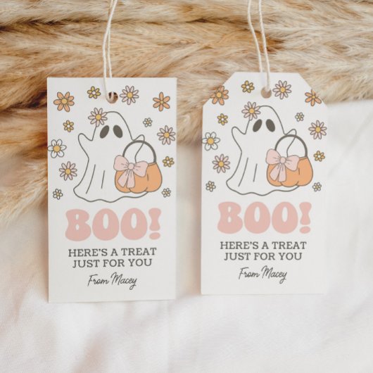 Schattige Retro Bloemige Geest Halloween Cadeaulabel