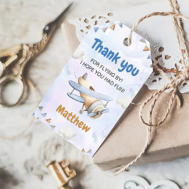 Schattige Retro Blue Vliegtuig 1e Verjaardag Cadeaulabel