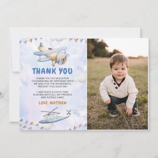 Schattige Retro Blue Vliegtuig 1e Verjaardag Foto Bedankkaart (Voorkant)