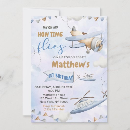 Schattige Retro Blue Vliegtuig 1e Verjaardag Kaart (Voorkant)
