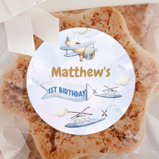 Schattige Retro Blue Vliegtuig 1e Verjaardag Ronde Sticker