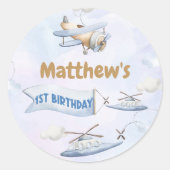 Schattige Retro Blue Vliegtuig 1e Verjaardag Ronde Sticker (Voorkant)