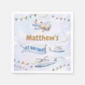 Schattige Retro Blue Vliegtuig 1e Verjaardag Servet (Voorkant)