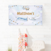 Schattige Retro Blue Vliegtuig 1e Verjaardag Spandoek (Insitu)