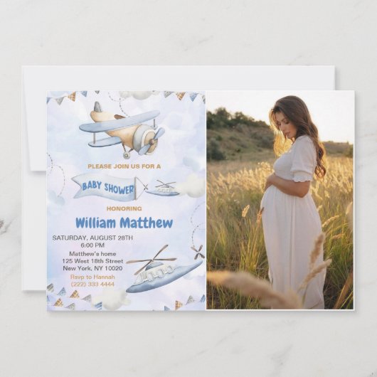 Schattige Retro Blue Vliegtuig Baby shower Foto Kaart (Voorkant)