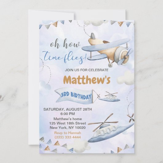 Schattige Retro Blue Vliegtuig Tijd vliegt 3e Verj Kaart (Voorkant)
