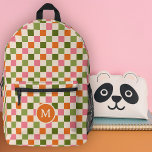 Schattige Retro Checkerboard Monogram Roze Sinaasa Bedrukte Rugzak<br><div class="desc">Deze leuke, stijlvolle rugzak op maat heeft een dambordpatroon in retro tinten van roze, sinaasappel en olijfkleurig groen op een crèmekleurige achtergrond. Een monogram initialen tekst sjabloon is inbegrepen - gebruik het om uw rugzak te personaliseren of te verwijderen en de cirkel, als je liever geen monogram. Deze schattige, kleurrijke...</div>