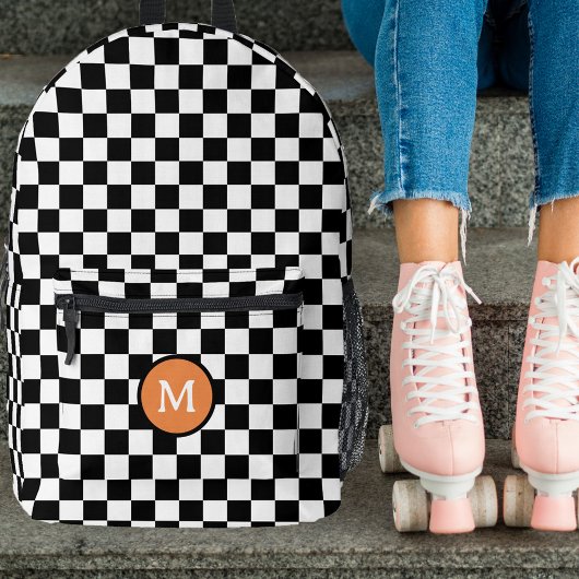 Schattige Retro Checkerboard Monogram Zwart-Wit Bedrukte Rugzak