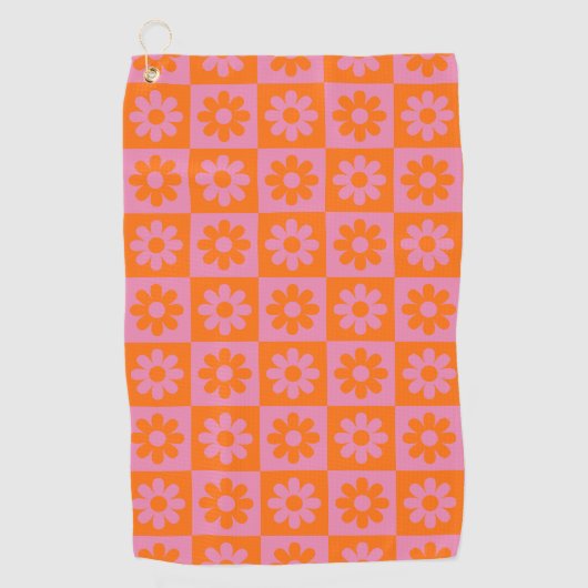 Schattige Retro Daisy Flower Geruit Roze Sinaasapp Golfhanddoek (Voorkant)