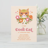 Schattige Retro Floral Cool Cat Eerste Verjaardags Kaart (Staand voorkant)