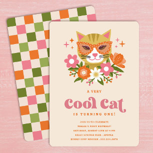 Schattige Retro Floral Cool Cat Eerste Verjaardags Kaart