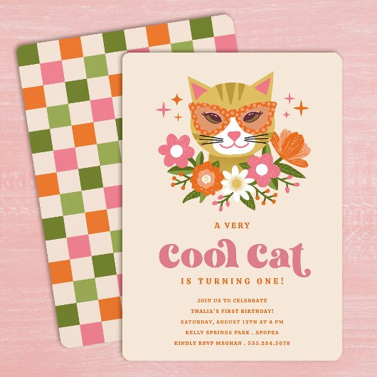 Schattige Retro Floral Cool Cat Eerste Verjaardags Kaart