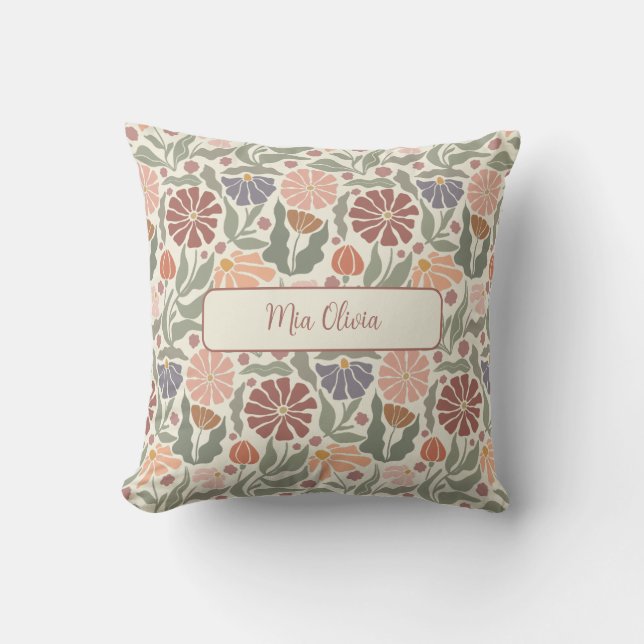 Schattige  Retro Flowers Naam Sierkussen (Voorkant)
