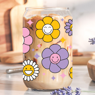 Schattige Retro Gelukkige Madeliefjes Bloemen Blikvorm Glas