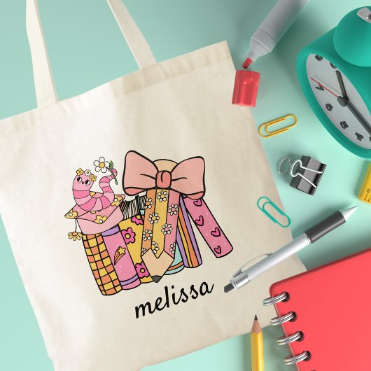 Schattige Retro Groovy Roze Potlood Boek Coquette Tote Bag