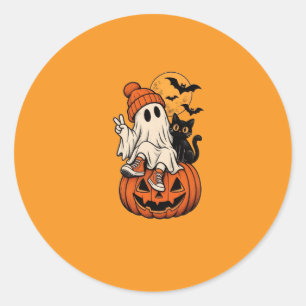 Schattige Retro Halloween Geest Pompoen Onze Famil Ronde Sticker