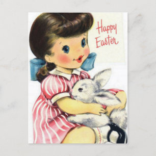 Schattige Retro Happy Paasmeisje en Bunny Briefkaart