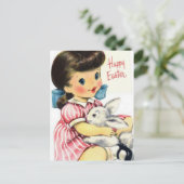Schattige Retro Happy Paasmeisje en Bunny Briefkaart (Staand voorkant)