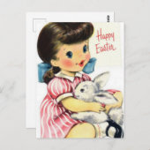 Schattige Retro Happy Paasmeisje en Bunny Briefkaart (Voorkant / Achterkant)