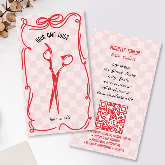 Schattige Retro Kapsalon Fantasievolle Doodle Rood Visitekaartje