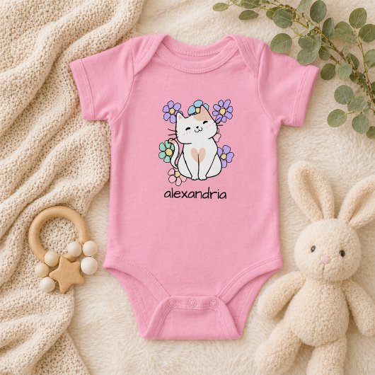 Schattige Retro Kat en Bloemen Romper