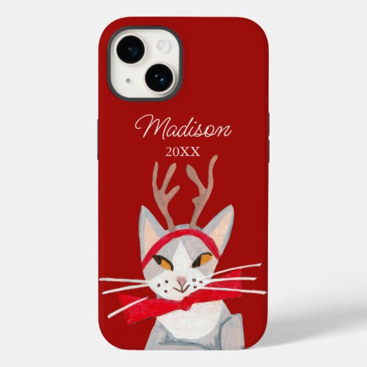 Schattige retro kat rode Kerstmis Case-Mate iPhone Case (Achterkant)