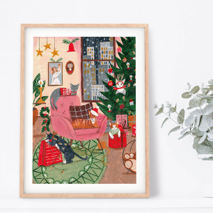 Schattige retro katten thuis met Kerstmis in New Y Poster