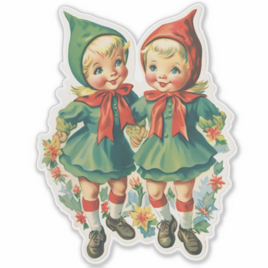 Schattige Retro Kerst Elfen Sticker (Voorkant)