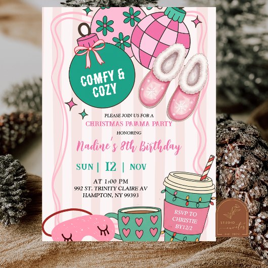 Schattige Retro Kerst Pyjama Feest Uitnodiging
