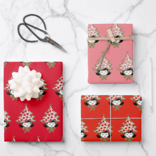 Schattige Retro Kerstboom Meisje Rood Roze Sinaasa Inpakpapier Vel