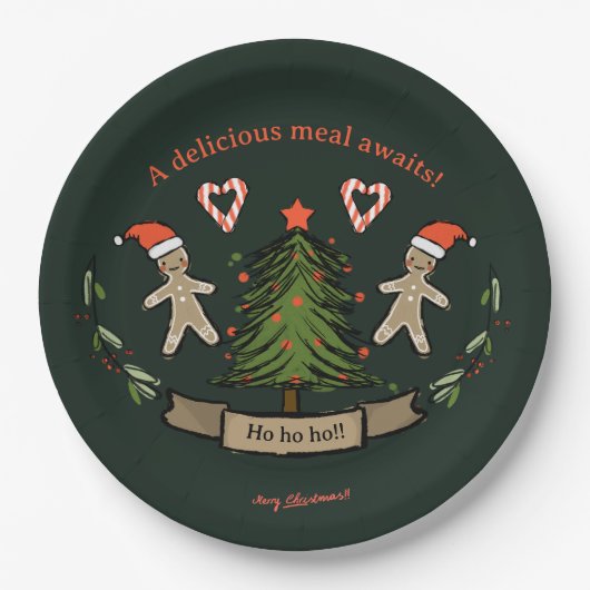 Schattige Retro kerstdiner geïllustreerd Papieren Bordje (Voorkant)