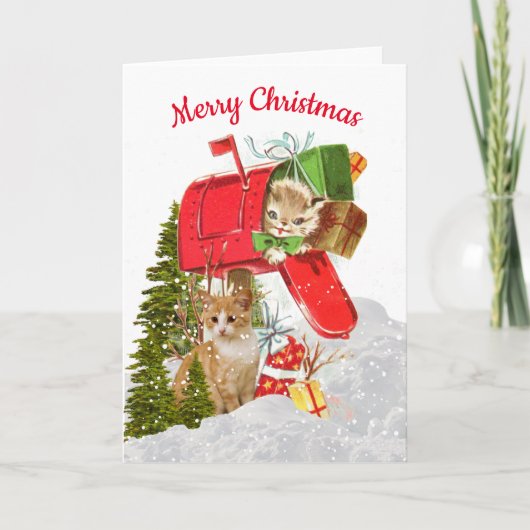 Schattige Retro Kerstkat / Postbus Vakantiegroet Bedankkaart (Voorkant)