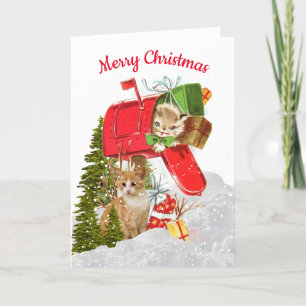 Schattige Retro Kerstkat / Postbus Vakantiegroet Bedankkaart
